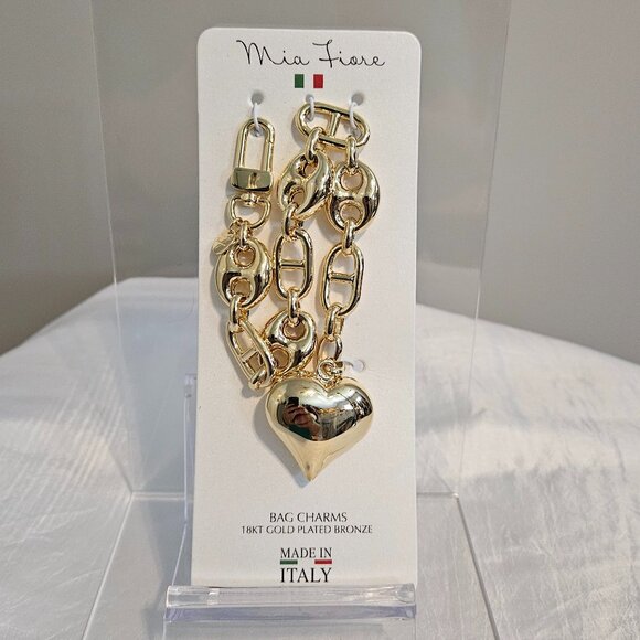 Mia Fiore 18kt Gold plated Bronze Puffed Heart Links Bag Charm - NWT - Picture 1 of 3